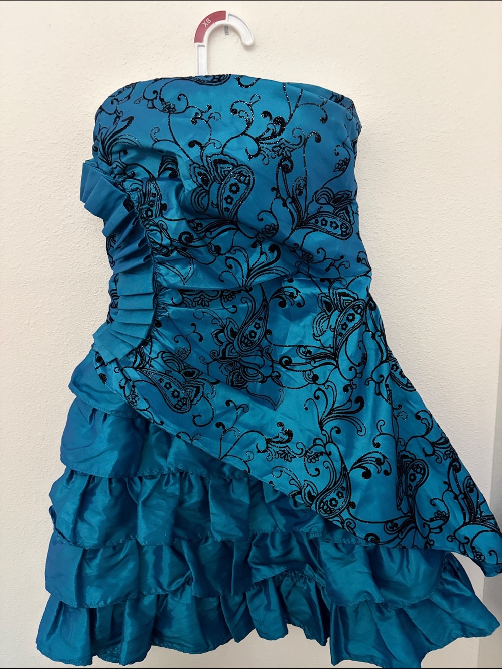 2000s Teal Strapless Ruffle Party Dress with Black Floral Burnout Y2K